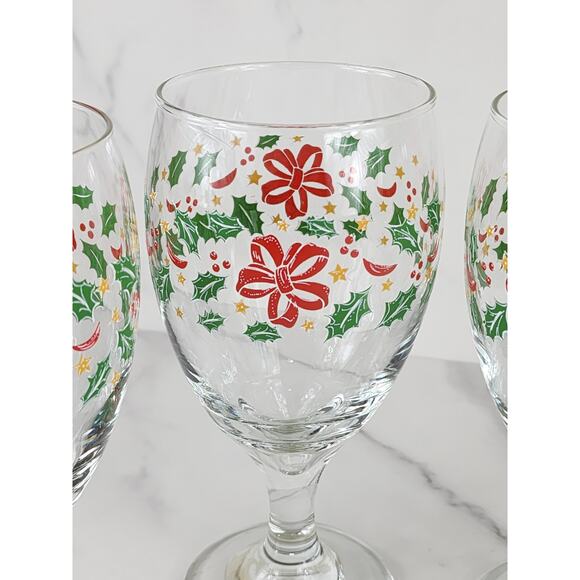 Libbey Christmas Holly and Ribbon Water Goblets 16oz Holiday 80s x4 Made in USA - Picture 6 of 12